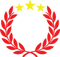 Red laurel wreath with three yellow stars symbolizing victory achievement and excellence isolated on transparent background