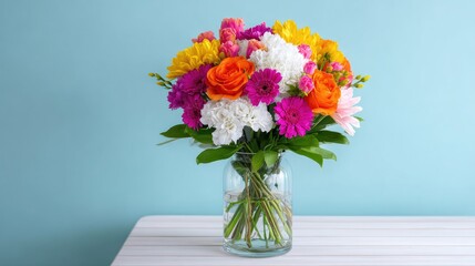 Bright and Colorful Flower Bouquet in Glass Vase on Light Background