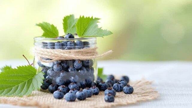 Blueberry Bonanza: A picturesque shot featuring a glass jar overflowing with fresh blueberries, presented on a rustic linen cloth with vibrant leaves, suggesting natural goodness and deliciousness.
