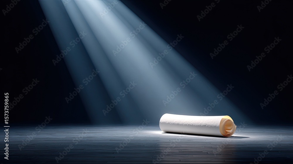 Poster illuminated scroll on stage with dramatic lighting and shadow play