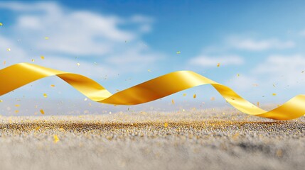 Golden Ribbon Flowing through a Bright Blue Sky and Sparkling Confetti