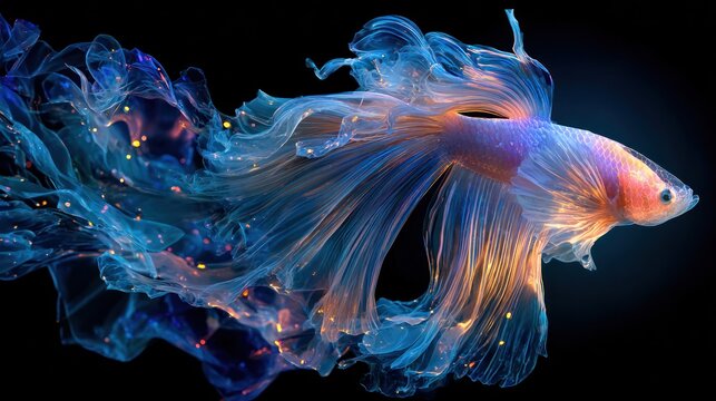 Elegant, flowing betta fish with ethereal fins, against a dark, contrasting background