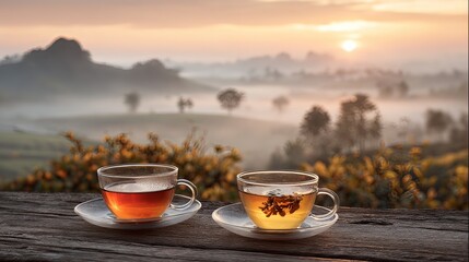 Serene countryside tea setting, glass teacups with warm and iced tea, wooden surface, scenic plantation hills and foggy sunrise in background