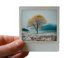 Lone autumn tree by lake with misty mountains isolated on transparent background