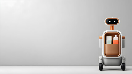 A friendly service robot with cargo in its storage compartment. This robot appears ready to provide helpful assistance