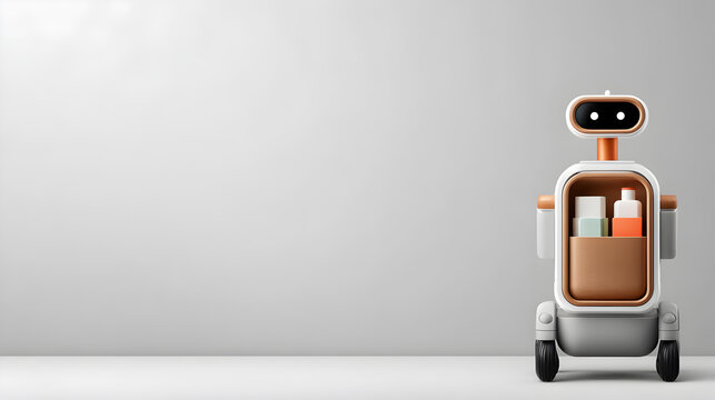A friendly service robot with cargo in its storage compartment. This robot appears ready to provide helpful assistance