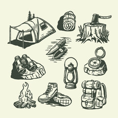 Hand-drawn vintage camping gear illustrations including tent, boots, lantern, and tools for wilderness adventure themes.