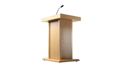 A wooden podium with a microphone isolated on a white background
