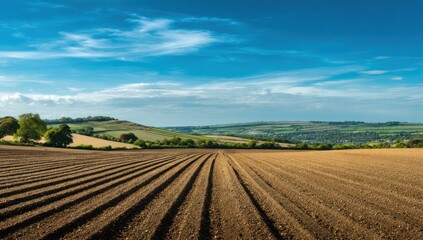 Agricultural field under a vast blue sky