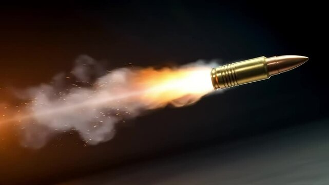 A bullet flies at high speed through dark space, leaving sparks and a trail of smoke as it pierces the air. The concept of military force and impact