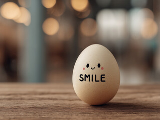 cute egg with smiley face and word SMILE written on it, resting on wooden surface, evokes cheerful and positive atmosphere