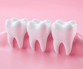 Three healthy human molars displayed on pink background, showcasing their white and shiny appearance. These teeth represent dental health and hygiene