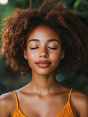 serene young woman with curly hair closes her eyes, radiating calmness and positivity. Her warm skin tone and natural beauty are highlighted by soft, blurred background