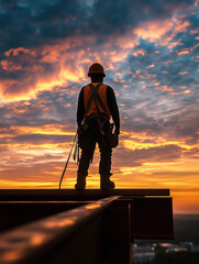construction worker silhouette stands on steel beam against vibrant sunset sky, showcasing determination and strength in construction industry