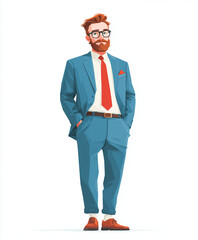 stylish man in blue suit with red tie and glasses stands confidently. His well groomed beard and modern attire reflect professional and trendy vibe