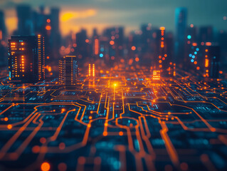 futuristic cityscape with glowing circuit patterns and skyscrapers, showcasing blend of technology and urban life. vibrant lights create dynamic atmosphere