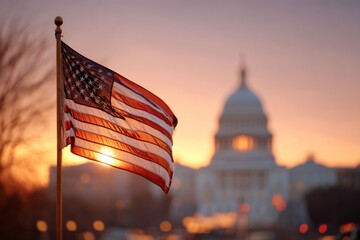 American flag waving at sunrise over Capitol building