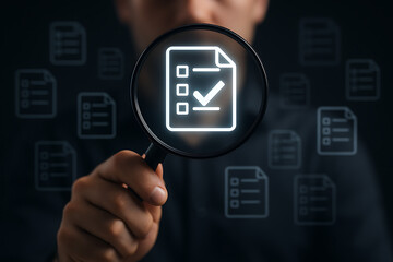 Close-up of hand holding magnifying glass focusing on digital checklist icon, symbolizing document validation, quality assurance, and auditing process in modern digital workflow
