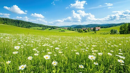 A field of daisies under a vibrant blue sky.