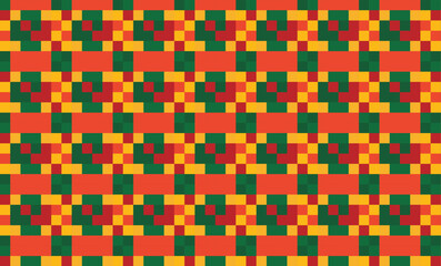 Traditional Kente-inspired seamless pattern with vibrant red, yellow, green, and black geometric blocks