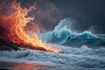 Fiery sky meets crashing ocean wave in a dramatic elemental clash