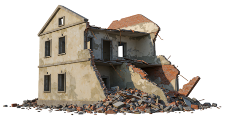Ruin and Destruction Crumbling Two Story Building with Brick and Concrete Debris After War or Earthquake Disaster