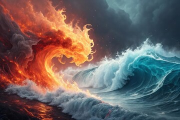 Fiery sky meets crashing ocean wave in a dramatic elemental clash