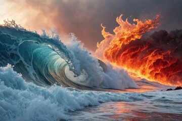 Fiery sky meets crashing ocean wave in a dramatic elemental clash