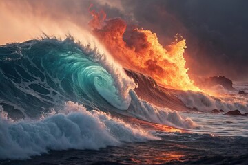 Fiery sky meets crashing ocean wave in a dramatic elemental clash