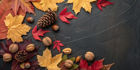 Autumn harvest arrangement of colorful leaves pinecones and nuts on a dark textured surface