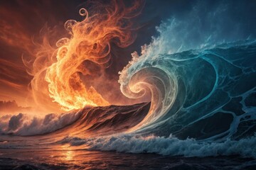 Fiery sky meets crashing ocean wave in a dramatic elemental clash
