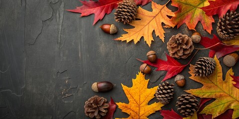 Autumn harvest arrangement of colorful leaves pinecones and nuts on a dark textured surface
