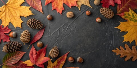 Autumn harvest arrangement of colorful leaves pinecones and nuts on a dark textured surface
