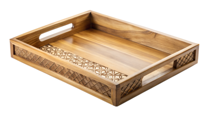 Elegant wooden serving tray with intricate carved patterns and handles, isolated on transparent background