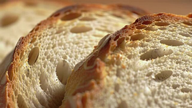 Close-up of fresh baked bread slices with airy texture, crusty edges.