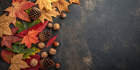 Autumn harvest arrangement of colorful leaves pinecones and nuts on a dark textured surface