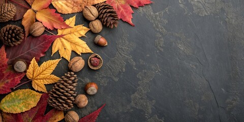 Autumn harvest arrangement of colorful leaves pinecones and nuts on a dark textured surface