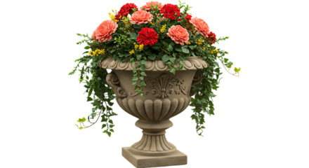 Elegant Stone Urn Overflowing with Vibrant Pink and Red Roses and Cascading Green Ivy on a Black Background