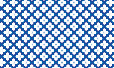 A seamless blue and white geometric pattern featuring a stylized four-petal floral motif in a diagonal grid layout. Ideal for textiles, backgrounds, and retro surface designs