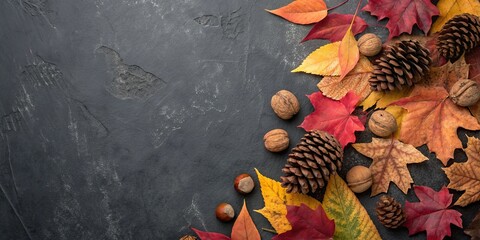 Autumn harvest arrangement of colorful leaves pinecones and nuts on a dark textured surface