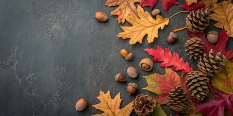 Autumn harvest arrangement of colorful leaves pinecones and nuts on a dark textured surface