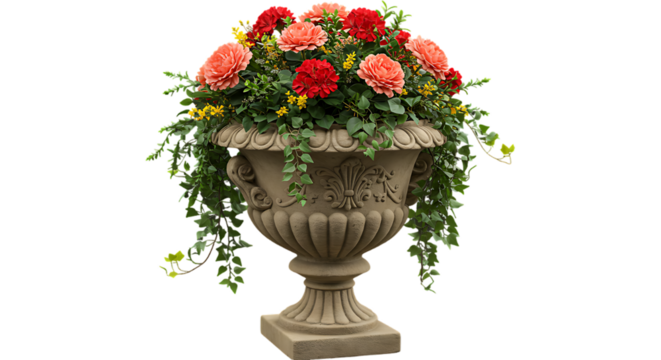 Elegant Stone Urn Overflowing with Vibrant Pink and Red Roses and Cascading Green Ivy on a Black Background