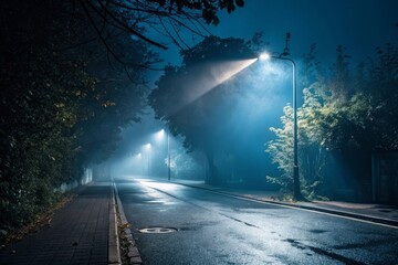 Eerie blue light pierces through foggy night trees illuminating a wet empty street with reflections