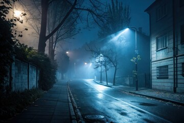 Eerie blue light pierces through foggy night trees illuminating a wet empty street with reflections