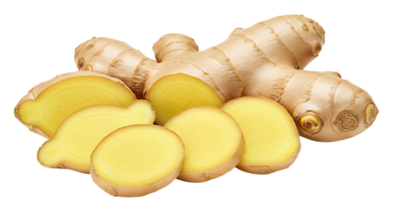 Fresh Ginger Root and Slices Isolated on Transparent Background Culinary Herb and Spice Healthy Food Ingredient