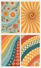 Vibrant retro collage featuring psychedelic swirls daisy flowers rainbow stripes and checkerboard patterns