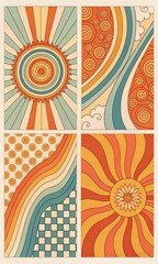Vibrant retro collage featuring psychedelic swirls daisy flowers rainbow stripes and checkerboard patterns