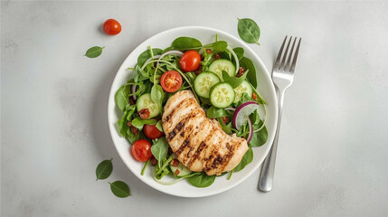 Top view of a fresh grilled chicken salad with spinach, cucumber, and cherry tomatoes. Nutritious meal ideal for healthy lifestyle and balanced diet.