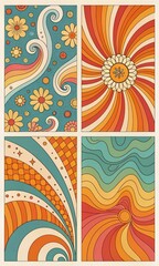 Vibrant retro collage featuring psychedelic swirls daisy flowers rainbow stripes and checkerboard patterns