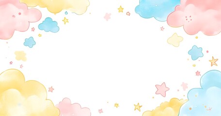 "Delicate pastel frame with cloud details, pink-yellow watercolor, large empty center, clean flat vector art, white bordered high-resolution illustration."

